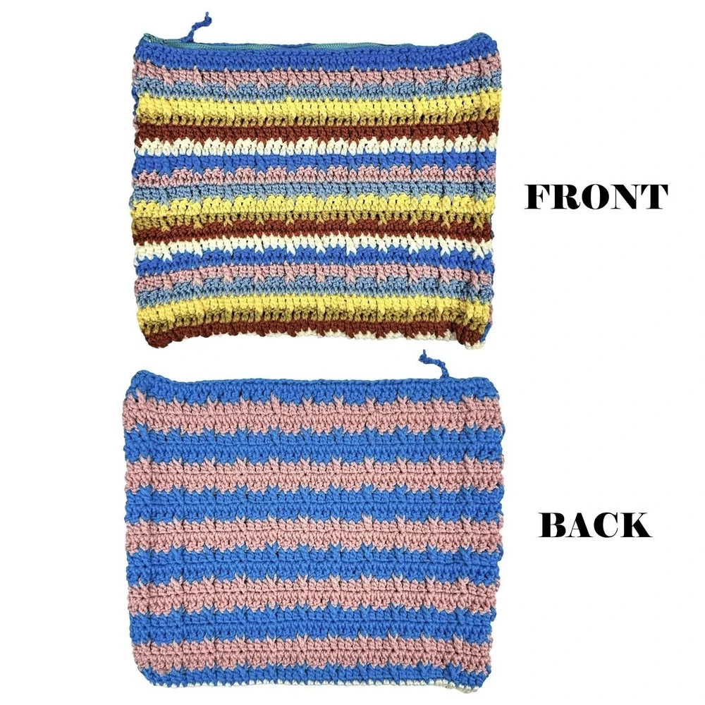 Vintage 70s Stripe Crochet Clutch Purse Makeup Bag Handmade‎ Multicolor Retro